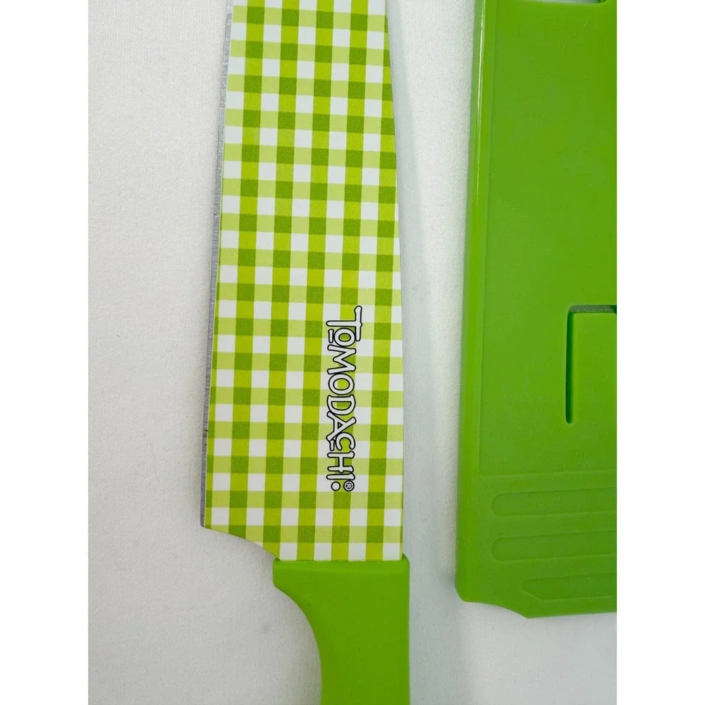 Tomodachi Green Gingham Checkered Chef Knife with Blade Guard Cover 7